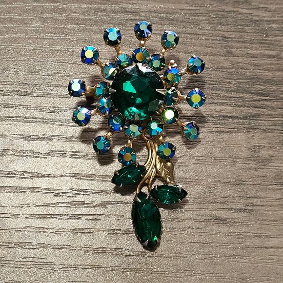 Vintage Green AB Rhinestone Flower Brooch with Navette Leaves - Picture 1 of 6